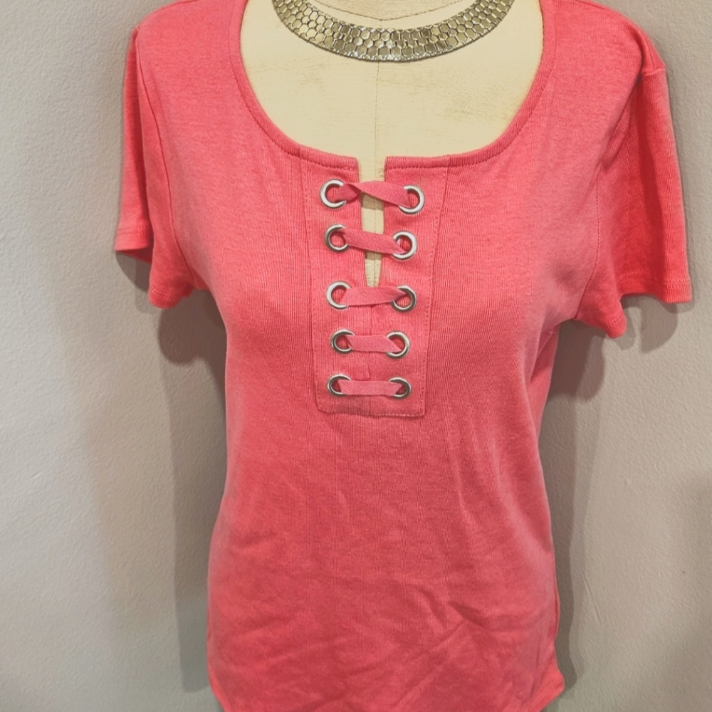 Rafaella Pink Lace-Up Short Sleeve T-Shirt
